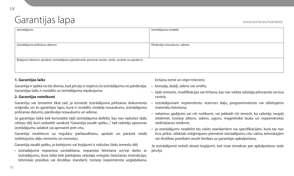 Garantijas lapa | Acme MT106S User Manual | Page 18 / 30