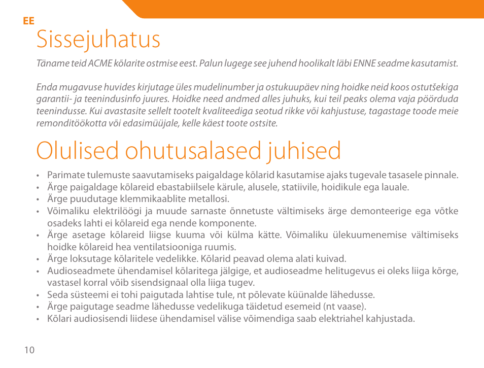 Sissejuhatus, Olulised ohutusalased juhised | Acme SA-104 User Manual | Page 10 / 42