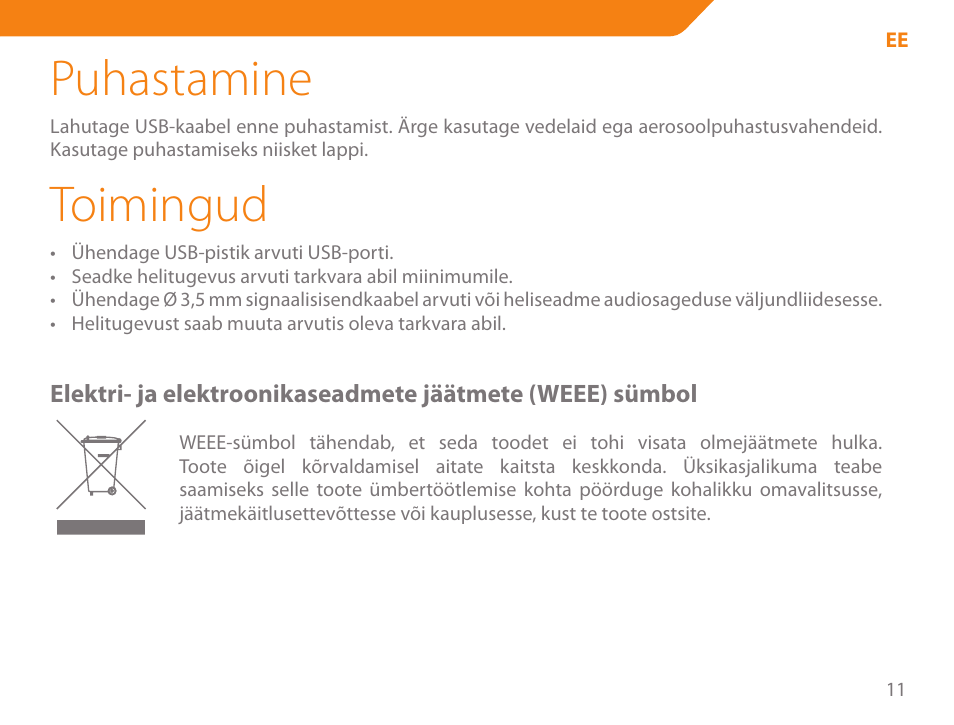 Puhastamine, Toimingud | Acme SA-104 User Manual | Page 11 / 42