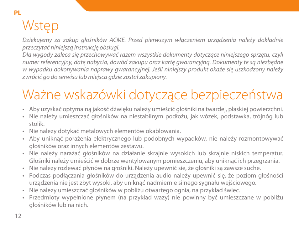 Wstęp, Ważne wskazówki dotyczące bezpieczeństwa | Acme SA-104 User Manual | Page 12 / 42