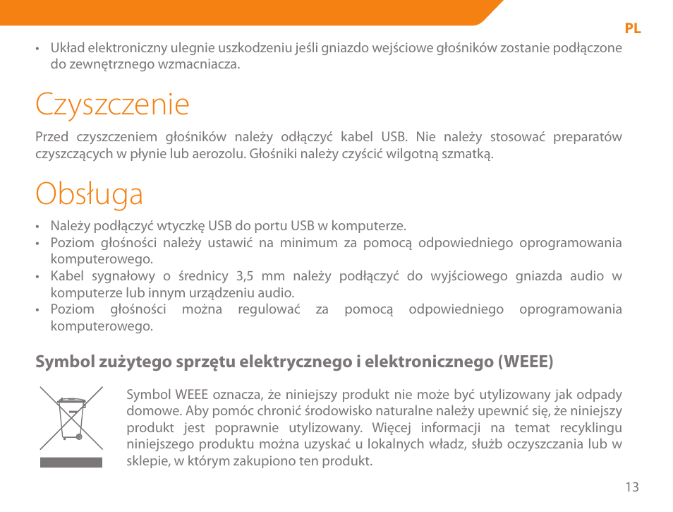 Czyszczenie, Obsługa | Acme SA-104 User Manual | Page 13 / 42