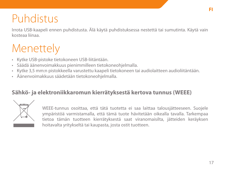 Puhdistus, Menettely | Acme SA-104 User Manual | Page 17 / 42