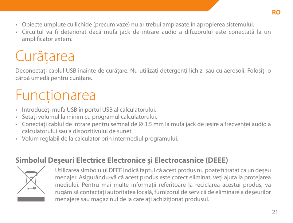 Curăţarea, Funcţionarea | Acme SA-104 User Manual | Page 21 / 42