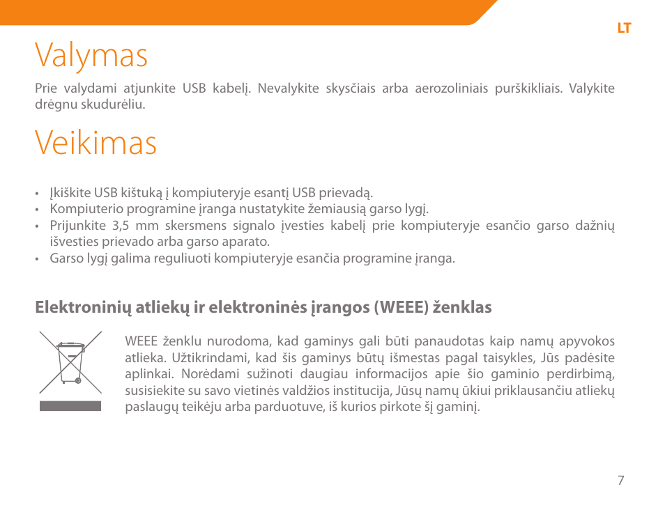 Valymas, Veikimas | Acme SA-104 User Manual | Page 7 / 42