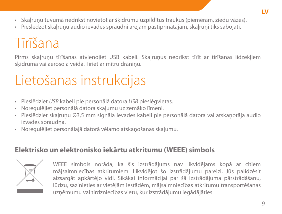 Tīrīšana, Lietošanas instrukcijas | Acme SA-104 User Manual | Page 9 / 42