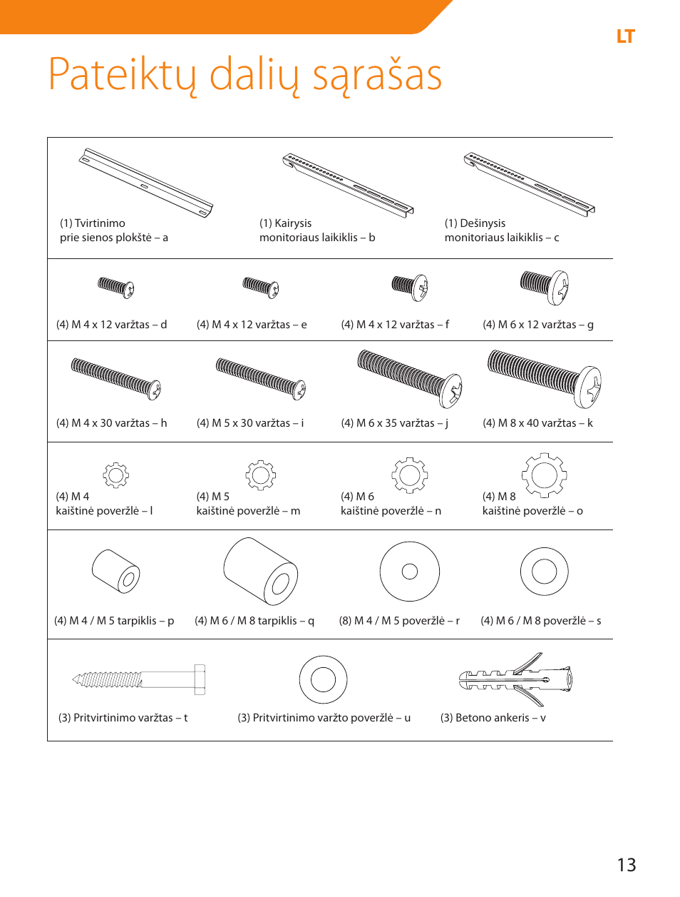 Pateiktų dalių sąrašas, 13 lt | Acme PLB114B User Manual | Page 13 / 100