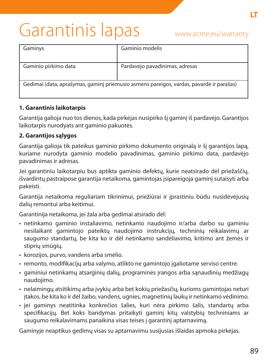 Garantinis lapas, 89 lt | Acme PLB114B User Manual | Page 89 / 100