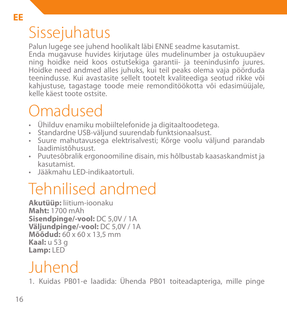 Sissejuhatus, Omadused, Tehnilised andmed | Juhend | Acme PB01 User Manual | Page 16 / 40
