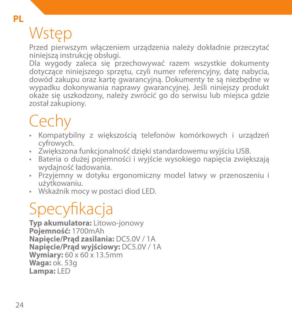 Wstęp, Cechy, Specyfikacja | Acme PB01 User Manual | Page 24 / 40