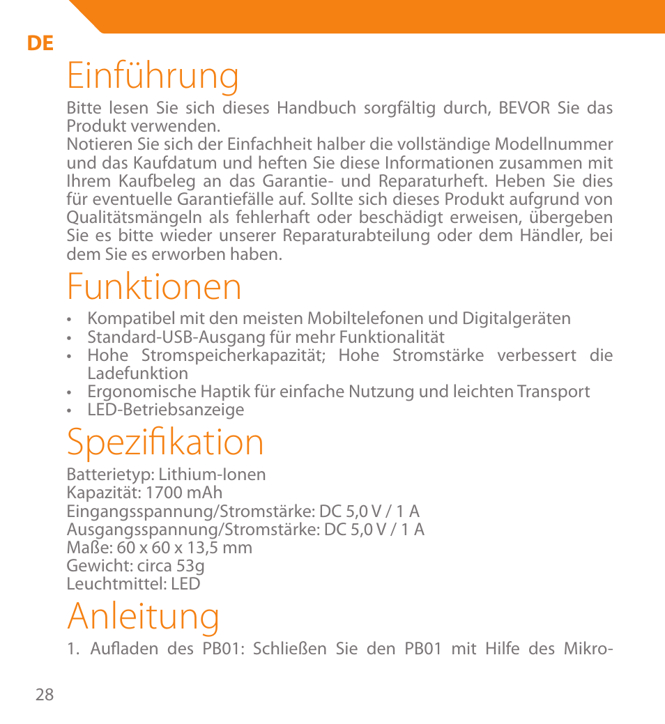 Einführung, Funktionen, Spezifikation | Anleitung | Acme PB01 User Manual | Page 28 / 40