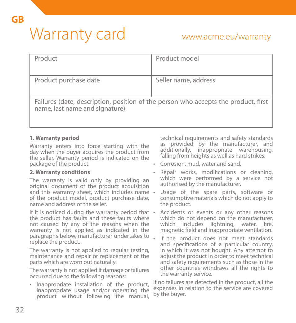 Warranty card | Acme PB01 User Manual | Page 32 / 40