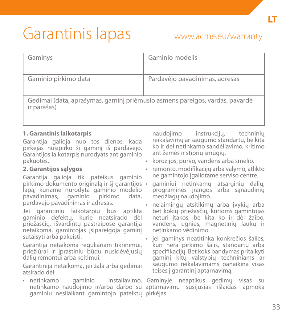 Garantinis lapas | Acme PB01 User Manual | Page 33 / 40