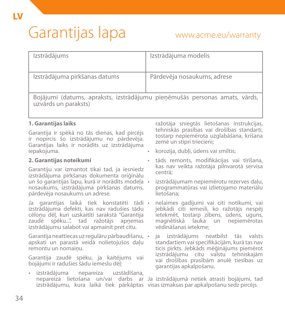 Garantijas lapa | Acme PB01 User Manual | Page 34 / 40