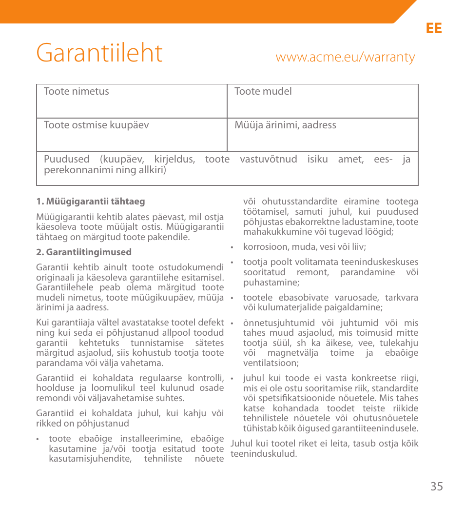 Garantiileht | Acme PB01 User Manual | Page 35 / 40
