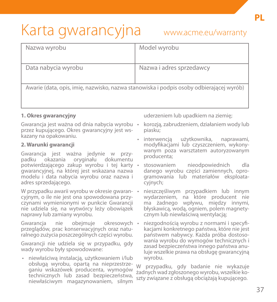 Karta gwarancyjna | Acme PB01 User Manual | Page 37 / 40