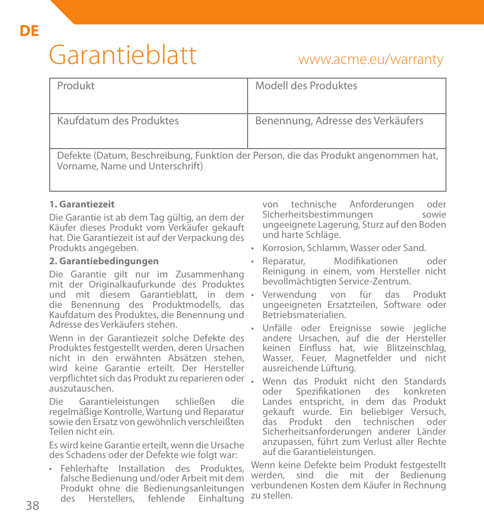 Garantieblatt | Acme PB01 User Manual | Page 38 / 40