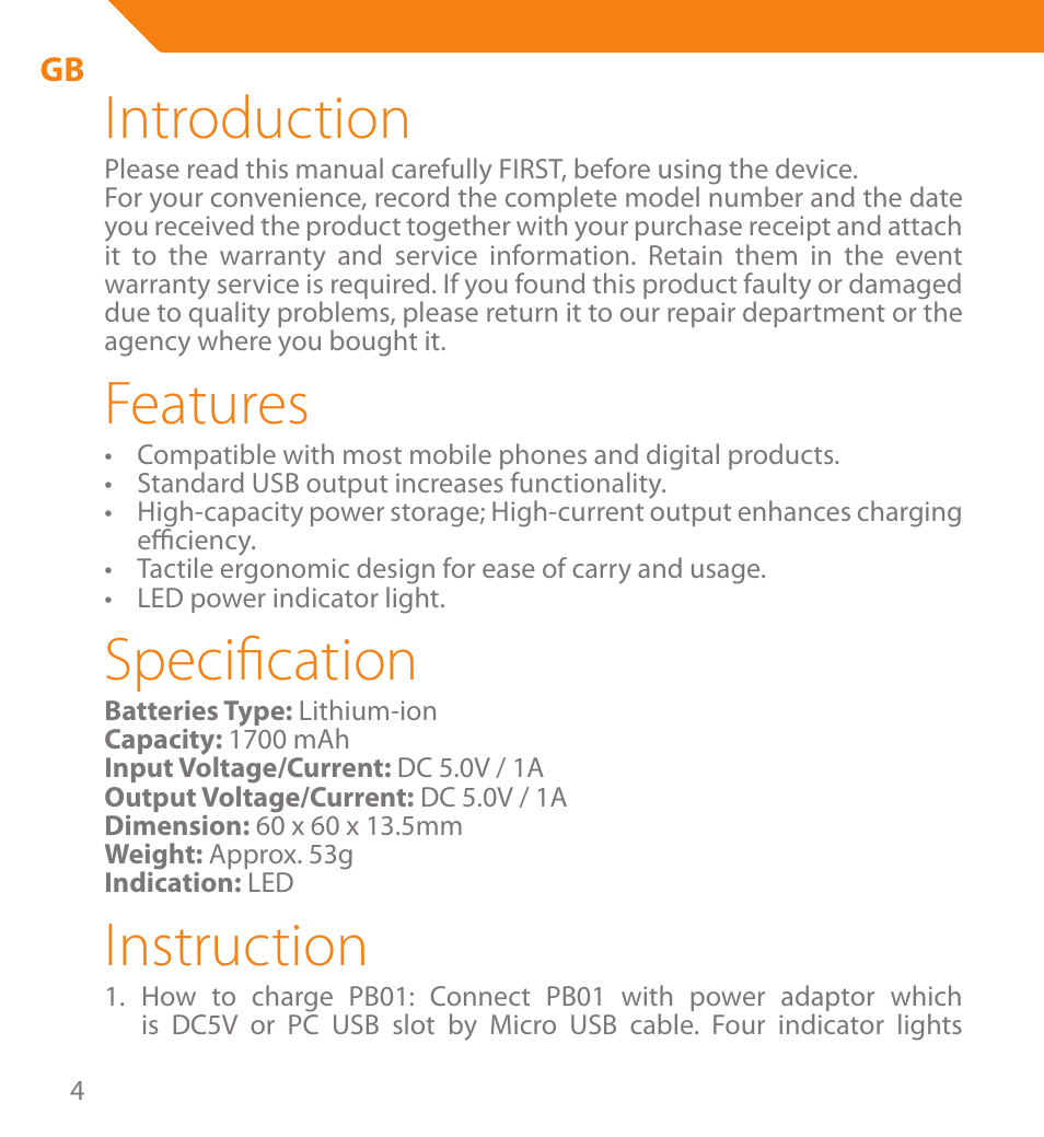 Introduction, Features, Specification | Instruction | Acme PB01 User Manual | Page 4 / 40