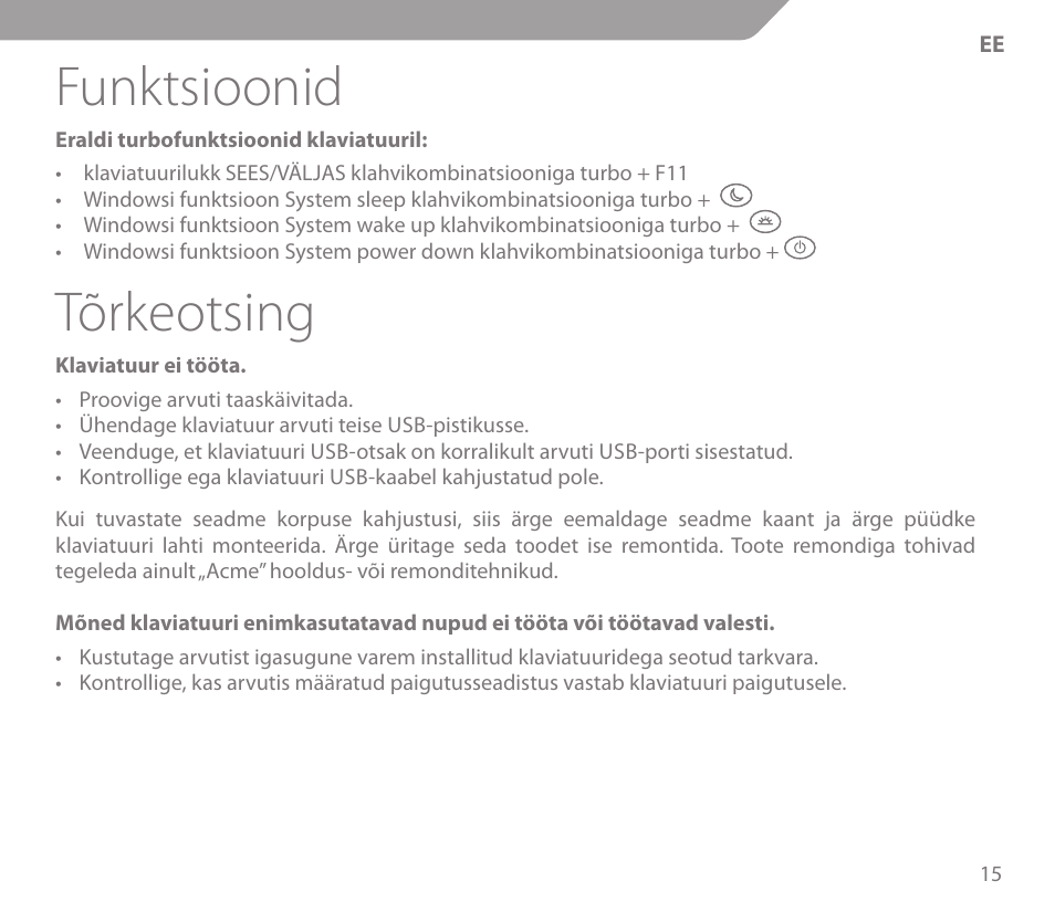 Funktsioonid, Tõrkeotsing | Acme KS-03 User Manual | Page 15 / 52