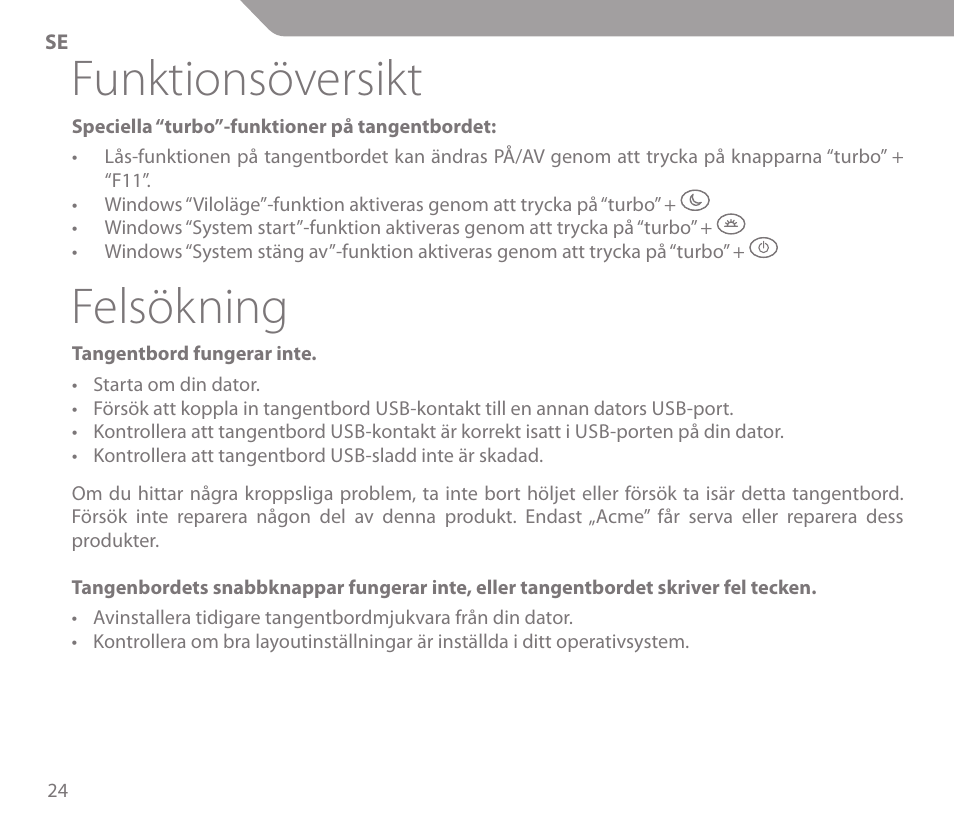 Funktionsöversikt, Felsökning | Acme KS-03 User Manual | Page 24 / 52