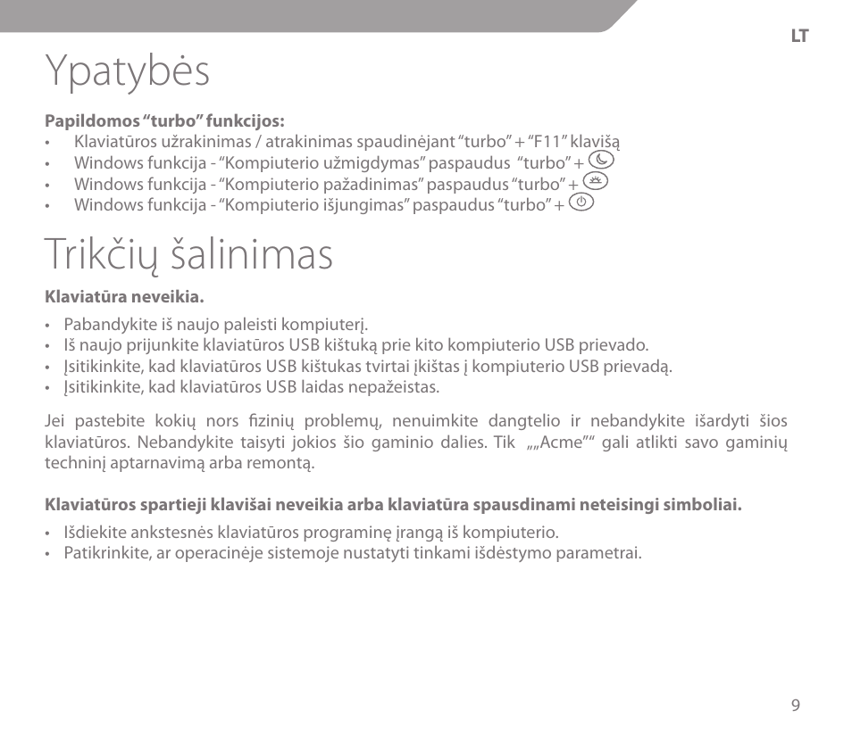Ypatybės, Trikčių šalinimas | Acme KS-03 User Manual | Page 9 / 52