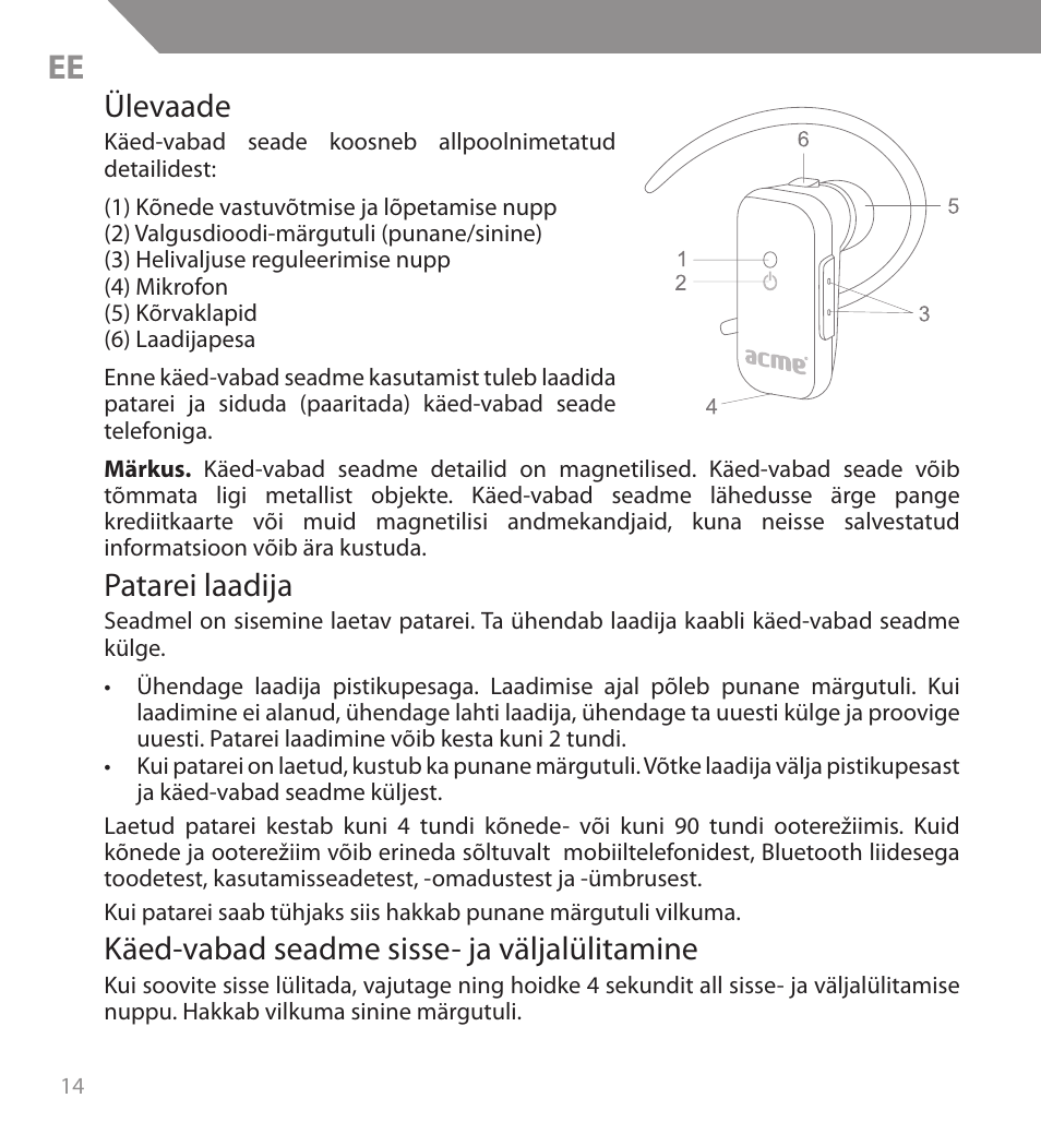 Ülevaade, Patarei laadija, Käed-vabad seadme sisse- ja väljalülitamine | Acme BH04 User Manual | Page 14 / 38