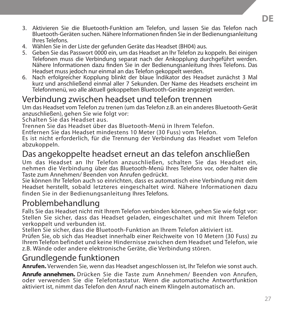 Verbindung zwischen headset und telefon trennen, Problembehandlung, Grundlegende funktionen | Acme BH04 User Manual | Page 27 / 38