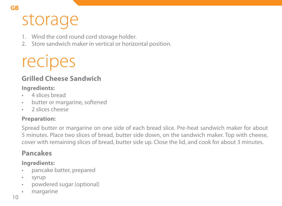 Storage, Recipes | Acme SE-100 User Manual | Page 10 / 102