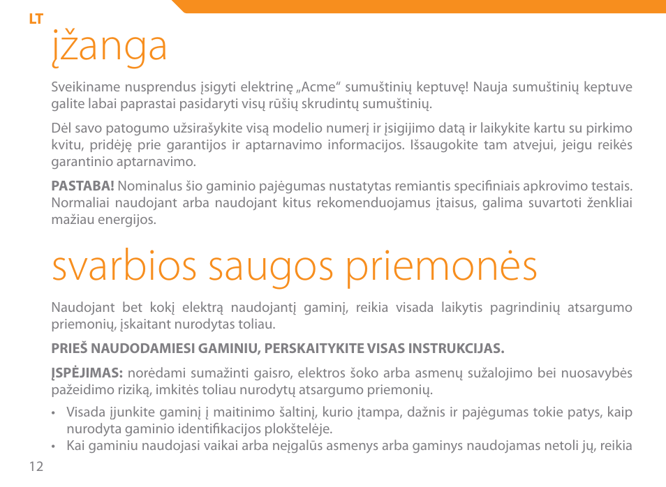 Įžanga, Svarbios saugos priemonės | Acme SE-100 User Manual | Page 12 / 102