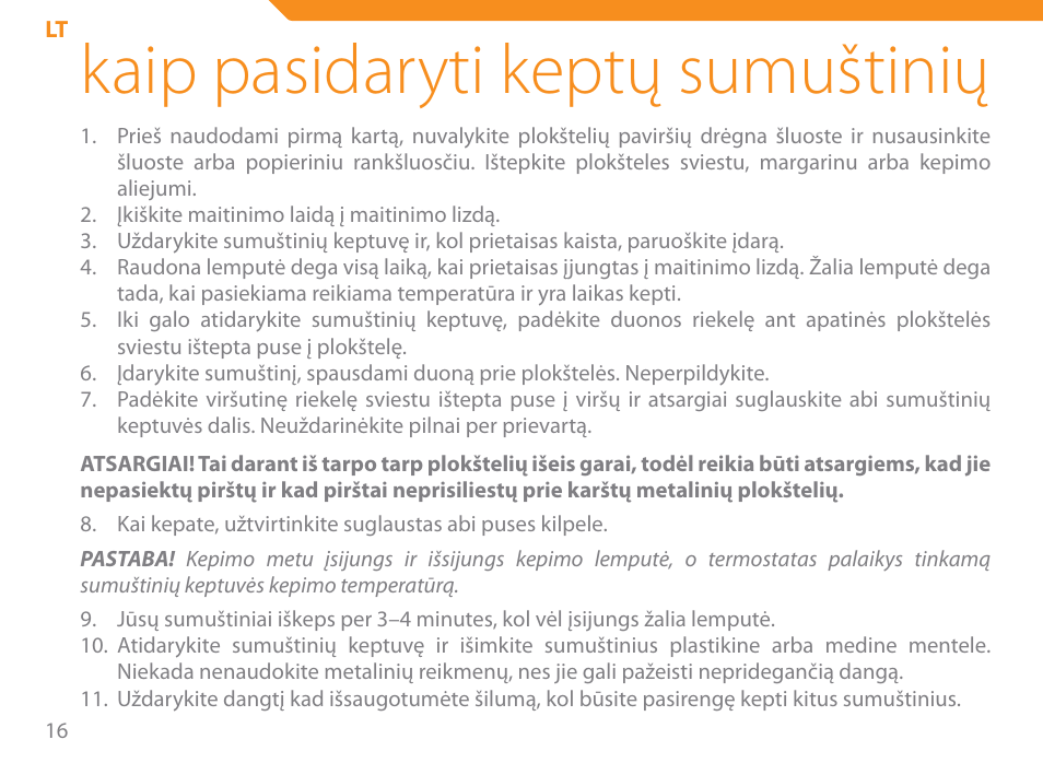 Kaip pasidaryti keptų sumuštinių | Acme SE-100 User Manual | Page 16 / 102