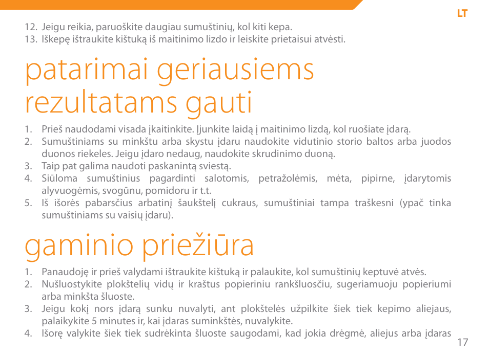 Patarimai geriausiems rezultatams gauti, Gaminio priežiūra | Acme SE-100 User Manual | Page 17 / 102