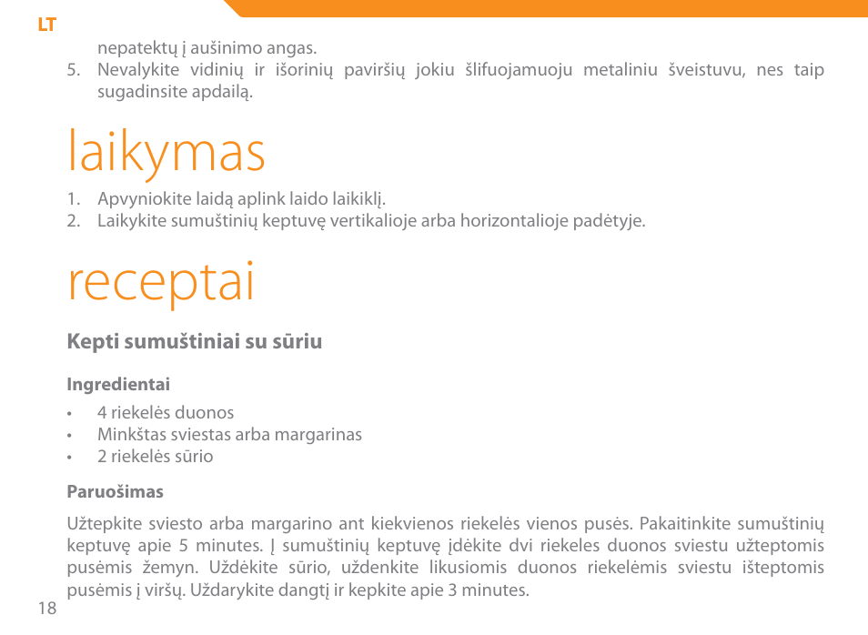 Laikymas, Receptai | Acme SE-100 User Manual | Page 18 / 102
