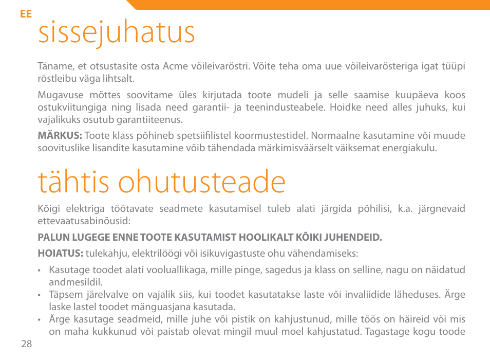 Sissejuhatus, Tähtis ohutusteade | Acme SE-100 User Manual | Page 28 / 102