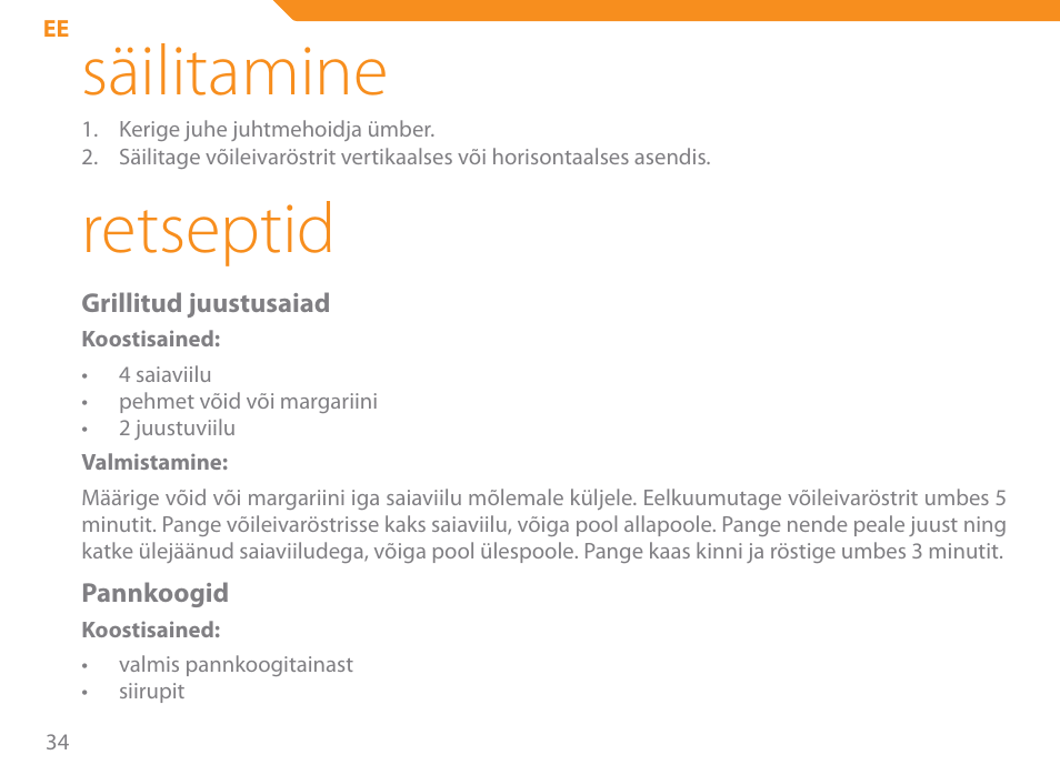 Säilitamine, Retseptid | Acme SE-100 User Manual | Page 34 / 102
