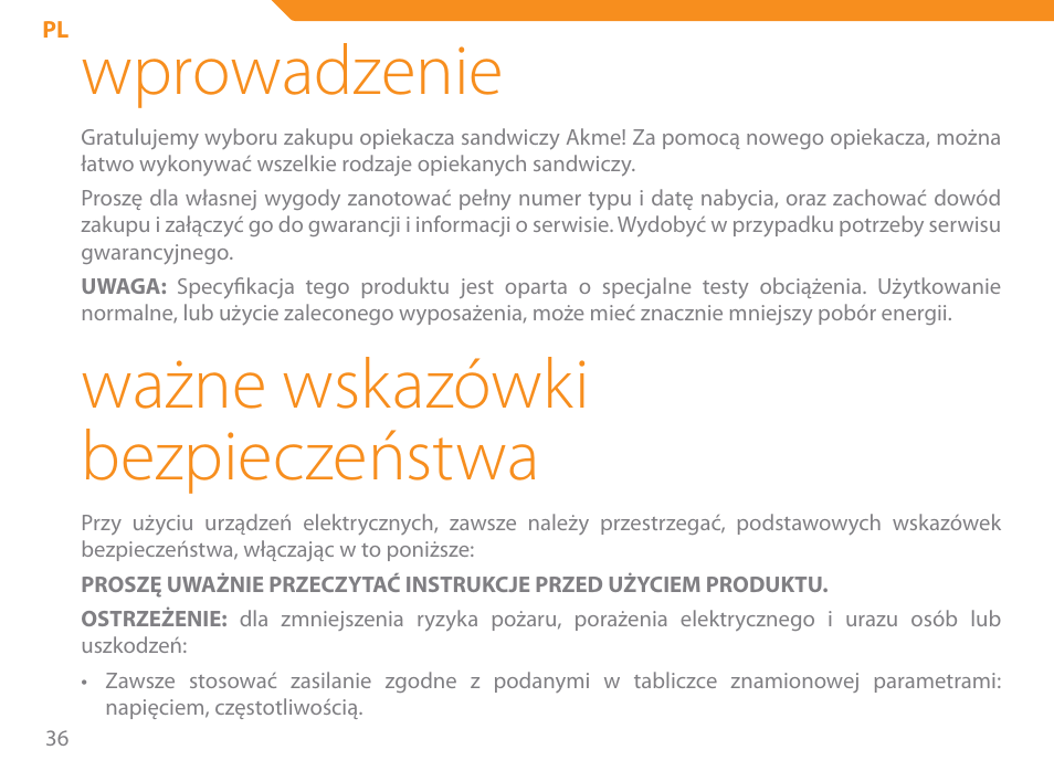 Wprowadzenie, Ważne wskazówki bezpieczeństwa | Acme SE-100 User Manual | Page 36 / 102