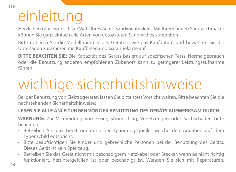 Einleitung, Wichtige sicherheitshinweise | Acme SE-100 User Manual | Page 44 / 102