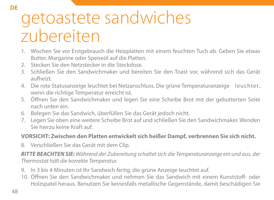 Getoastete sandwiches zubereiten | Acme SE-100 User Manual | Page 48 / 102