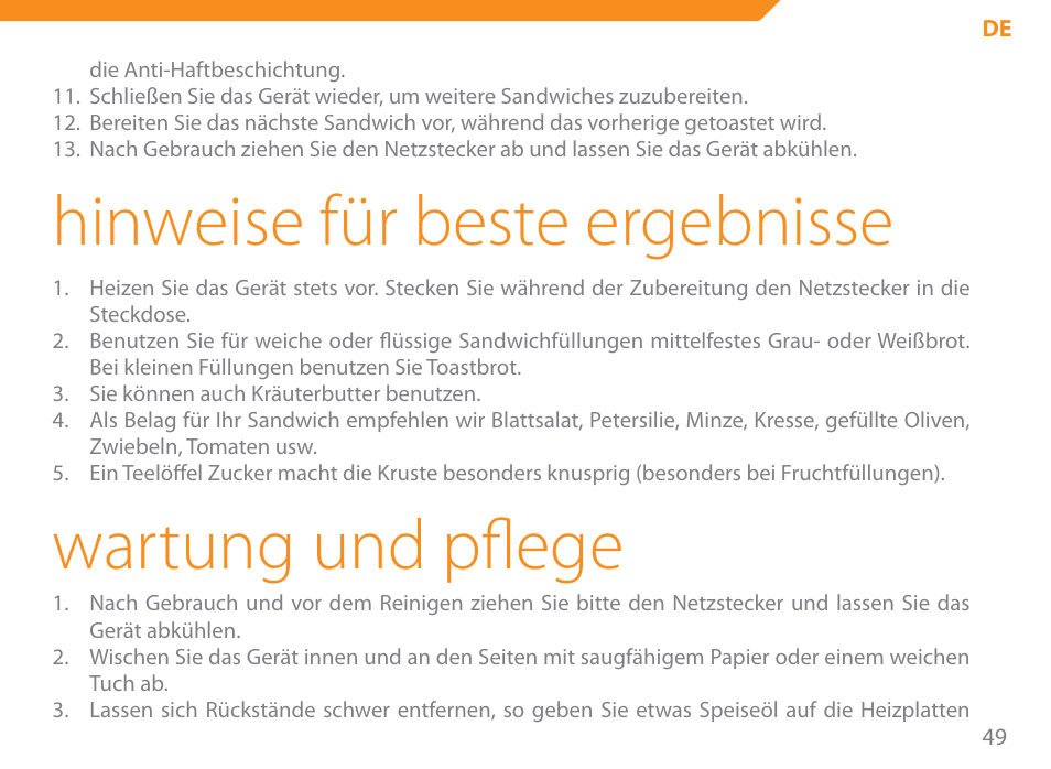 Hinweise für beste ergebnisse, Wartung und pflege | Acme SE-100 User Manual | Page 49 / 102