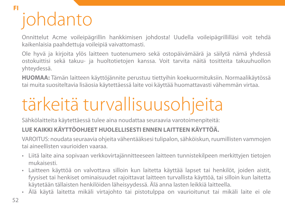 Johdanto, Tärkeitä turvallisuusohjeita | Acme SE-100 User Manual | Page 52 / 102