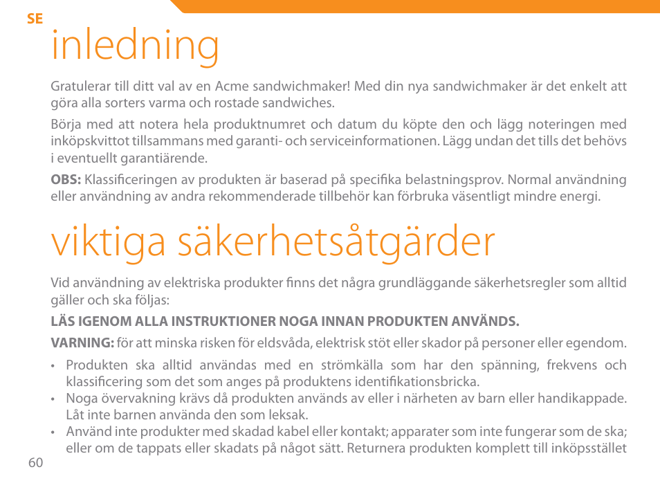 Inledning, Viktiga säkerhetsåtgärder | Acme SE-100 User Manual | Page 60 / 102