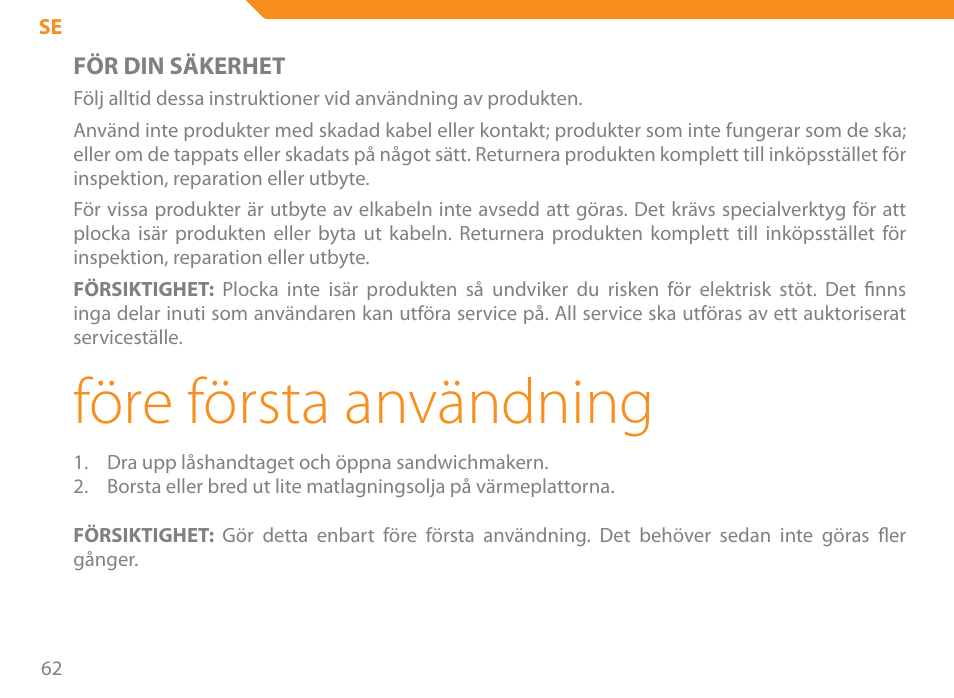 Före första användning | Acme SE-100 User Manual | Page 62 / 102