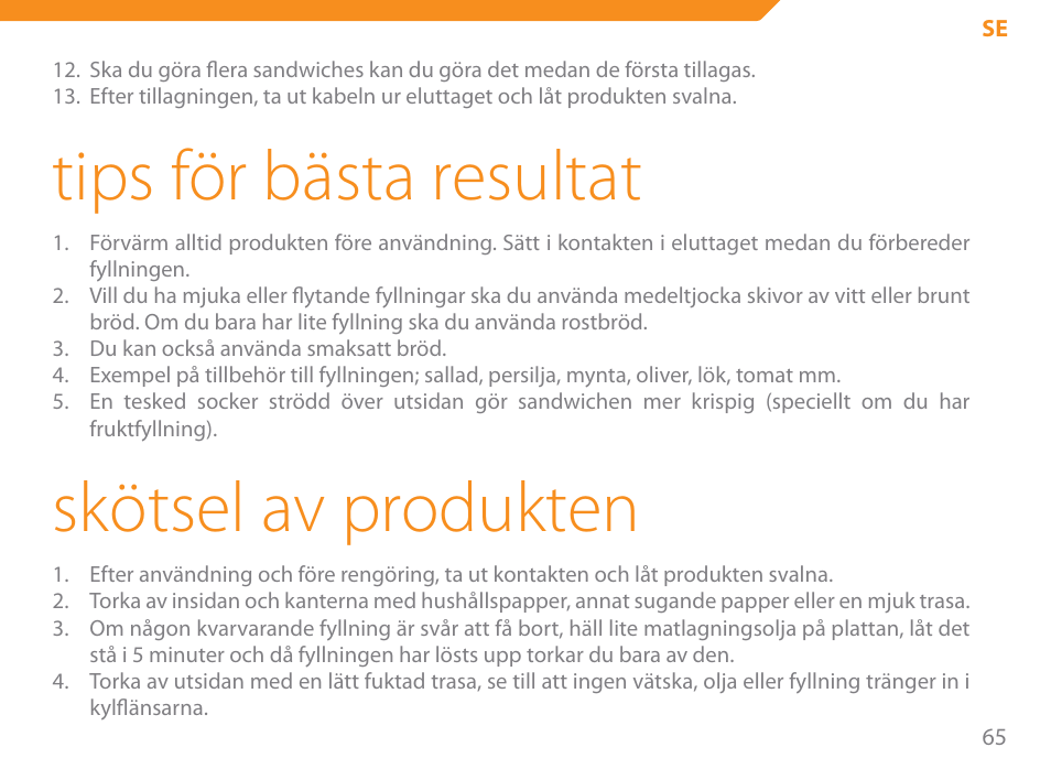 Tips för bästa resultat, Skötsel av produkten | Acme SE-100 User Manual | Page 65 / 102