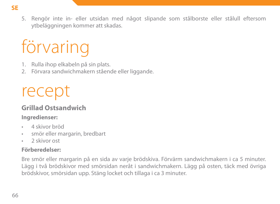 Förvaring, Recept | Acme SE-100 User Manual | Page 66 / 102