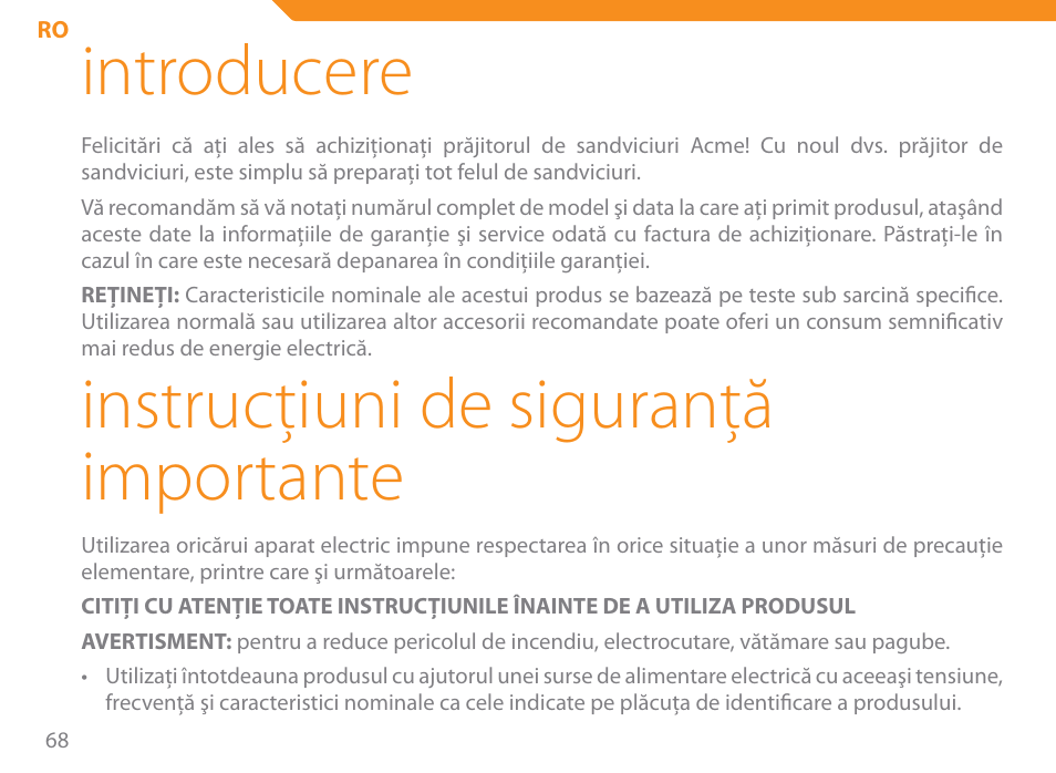 Introducere, Instrucţiuni de siguranţă importante | Acme SE-100 User Manual | Page 68 / 102