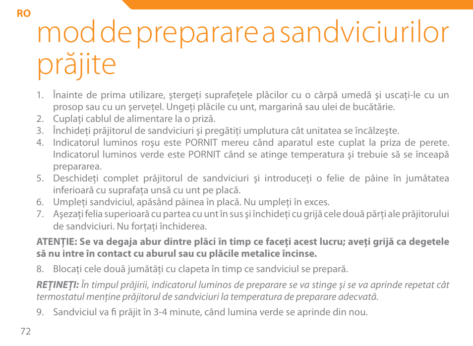 Mod de preparare a sandviciurilor prăjite | Acme SE-100 User Manual | Page 72 / 102