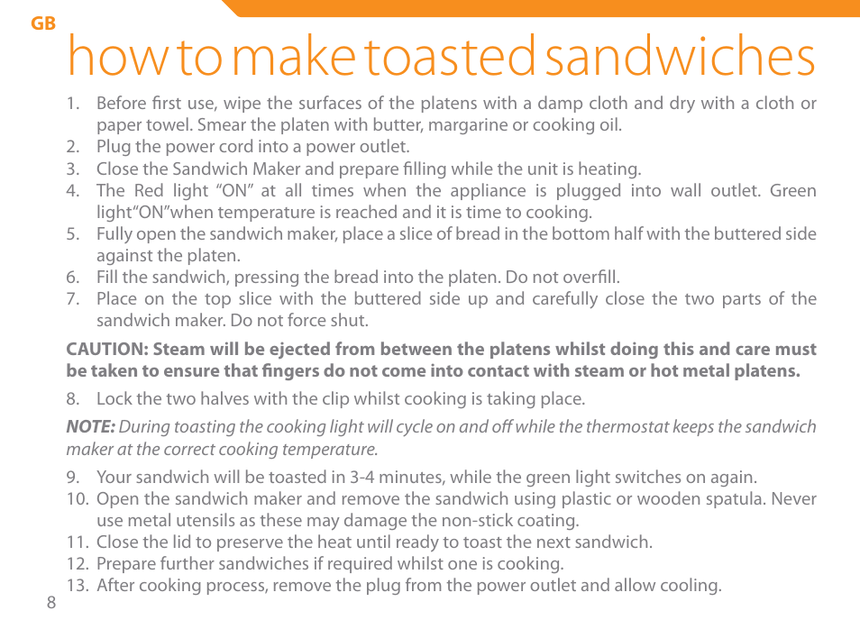 How to make toasted sandwiches | Acme SE-100 User Manual | Page 8 / 102