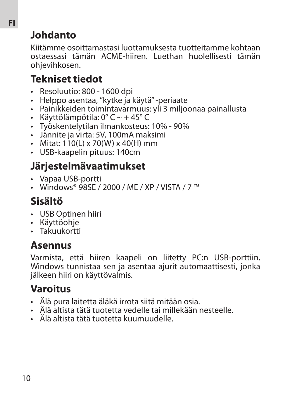 Johdanto, Tekniset tiedot, Järjestelmävaatimukset | Sisältö, Asennus, Varoitus | Acme MA03 User Manual | Page 10 / 18