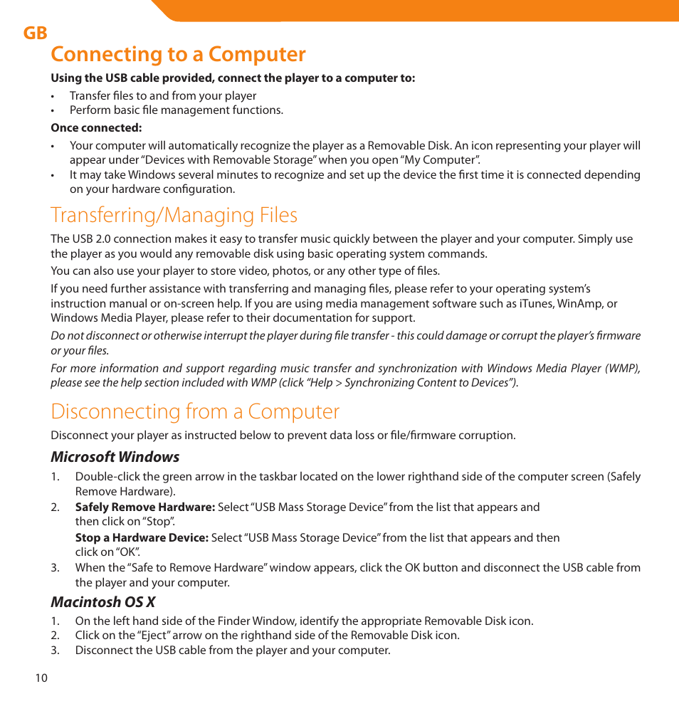 Connecting to a computer, Transferring/managing files, Disconnecting from a computer | Acme V-160 User Manual | Page 10 / 70