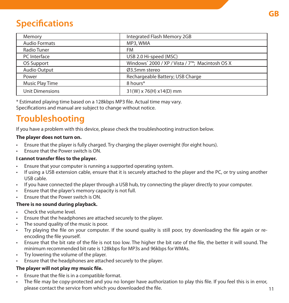 Specifications, Troubleshooting | Acme V-160 User Manual | Page 11 / 70