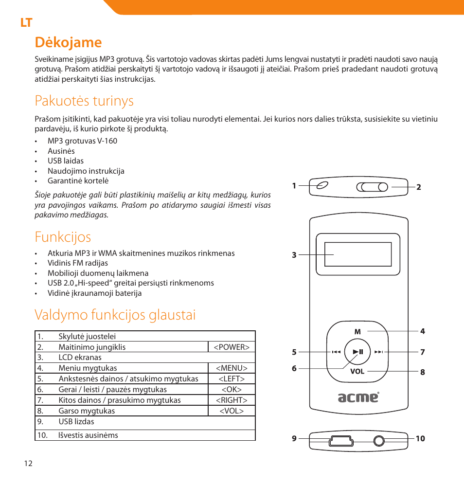 Dėkojame, Pakuotės turinys, Funkcijos | Valdymo funkcijos glaustai | Acme V-160 User Manual | Page 12 / 70