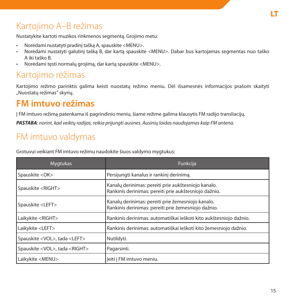 Kartojimo a–b režimas, Kartojimo režimas, Fm imtuvo režimas | Fm imtuvo valdymas | Acme V-160 User Manual | Page 15 / 70